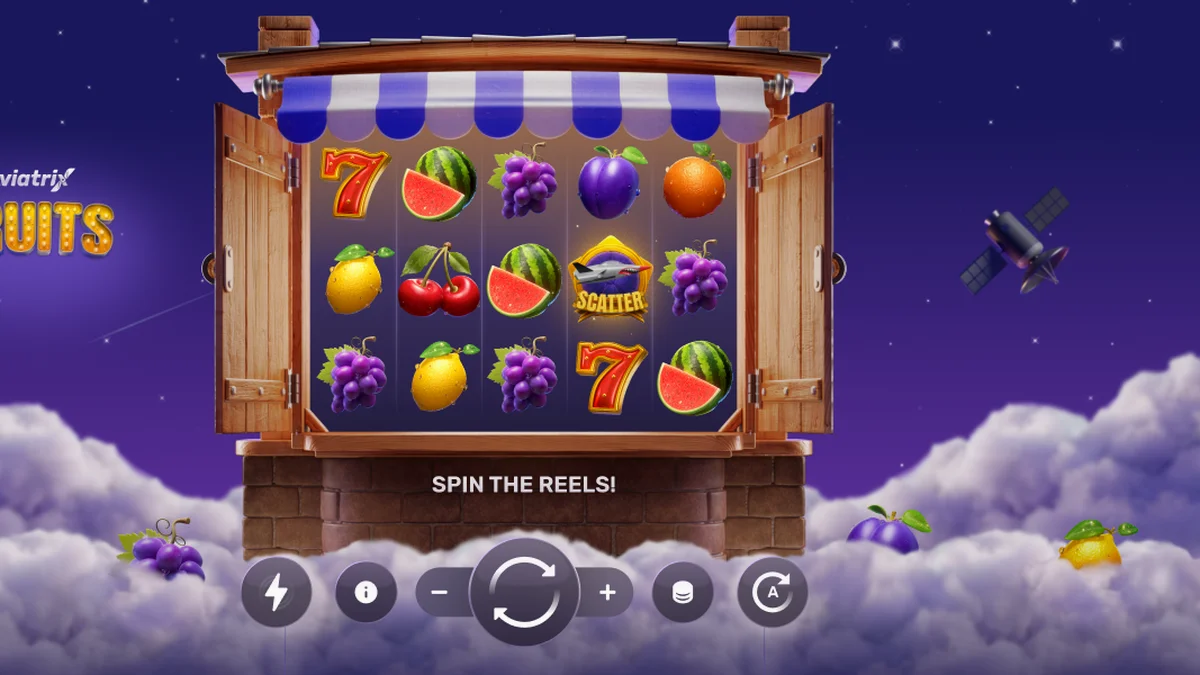 Captura de tela do jogo Aviatrix Fruits, mostrando rolos com símbolos de frutas clássicas e uma aeronave estilizada ao fundo, representando o metaverso Aviatrix.