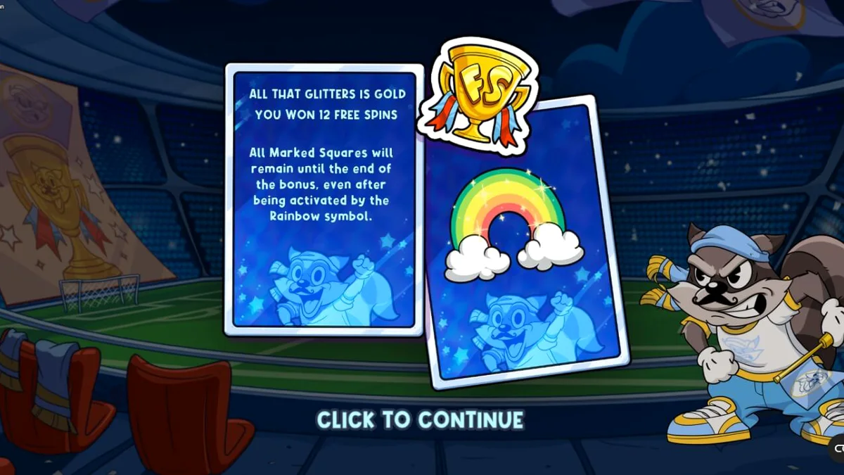 Interface do jogo Le Football Fan exibida em um dispositivo móvel mostrando o guaxinim mascote e símbolos de futebol.