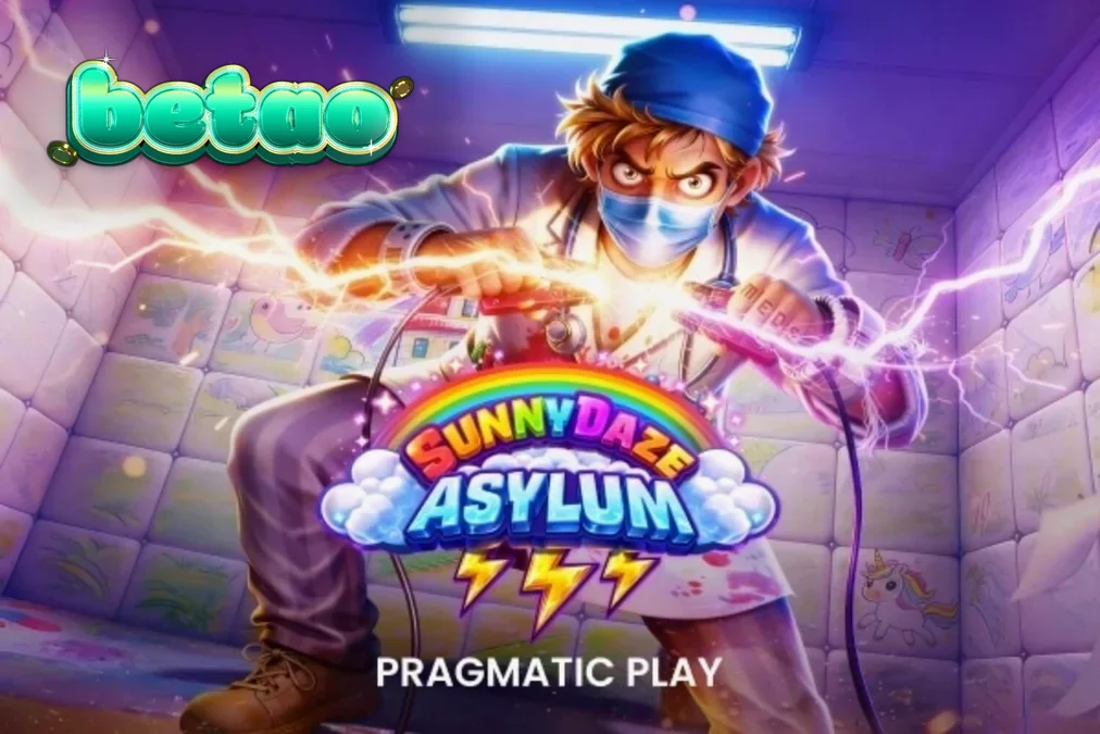 Interface colorida e caótica do caça-níqueis Sunnydaze Asylum com elementos de neon e horror